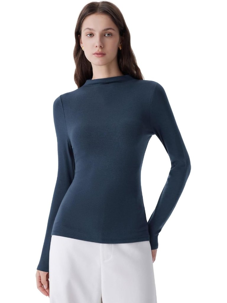 Women's Navy Blue Long Sleeve Mock Neck Slim Fitted Imported Knit Tops T Shirts